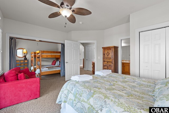 bedroom featuring a sink, ceiling fan, and carpet