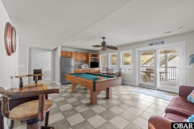 recreation room with visible vents, baseboards, ceiling fan, recessed lighting, and pool table