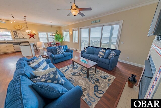 24280 NC Highway 12 Unit 2A, Rodanthe, NC 27968 - living room with crown molding, baseboards, and wood finished floors