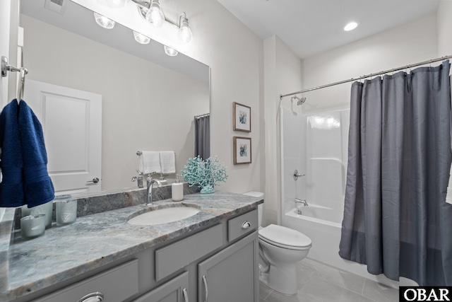 full bath with visible vents, toilet, shower / bath combo, and vanity