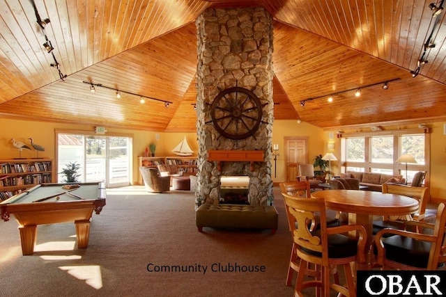 rec room with carpet flooring, a fireplace, wood ceiling, and lofted ceiling