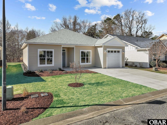 ranch-style house with a front yard, a garage, driveway, and roof with shingles