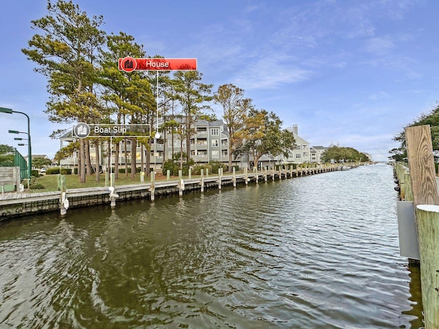 view of dock with a water view