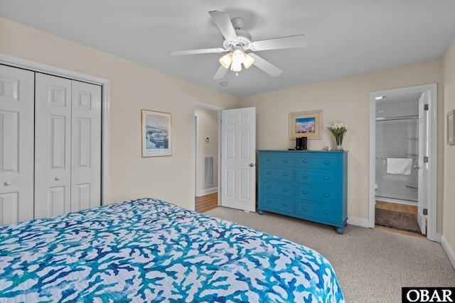 bedroom with light carpet, baseboards, visible vents, a ceiling fan, and a closet