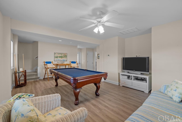 recreation room with light wood-style flooring, visible vents, a ceiling fan, and pool table