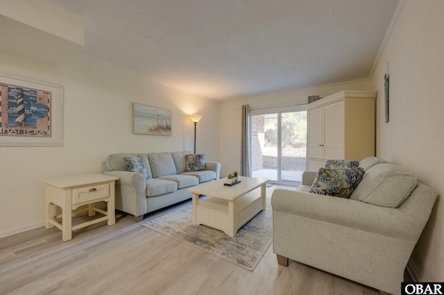 living room featuring ornamental molding and light wood finished floors