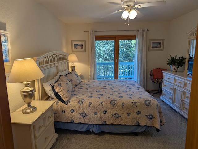 bedroom featuring access to exterior, ceiling fan, and carpet flooring