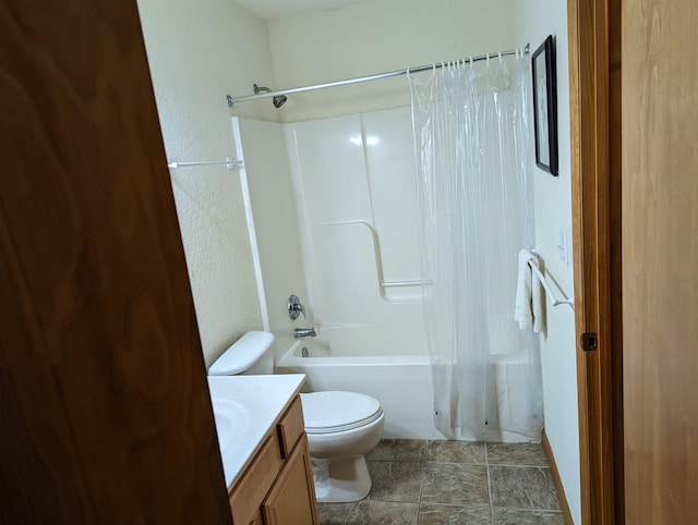 full bath with toilet, shower / bathtub combination with curtain, and vanity