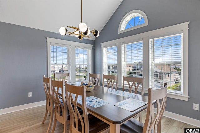 1726 Bobby Lee Trl Lot 5, Kill Devil Hills, NC 27948 - dining area with a chandelier, plenty of natural light, light wood-style floors, high vaulted ceiling, and baseboards