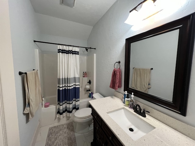 bathroom featuring shower / tub combo with curtain, visible vents, a textured wall, toilet, and vanity