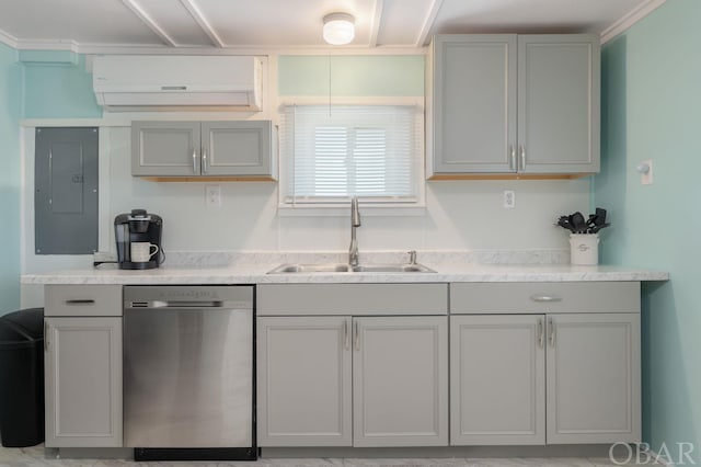 kitchen featuring light countertops, stainless steel dishwasher, a wall mounted AC, a sink, and electric panel