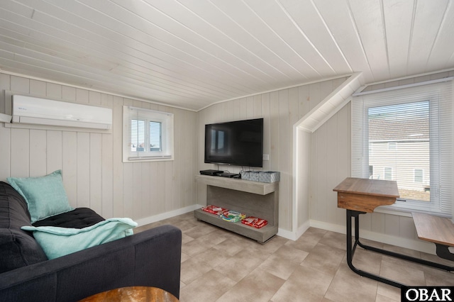 living room featuring an AC wall unit, wooden ceiling, and baseboards