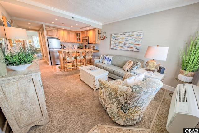 58822 Marina Way Unit 208, Hatteras, NC 27943 - living area with light carpet, ornamental molding, a textured ceiling, and recessed lighting