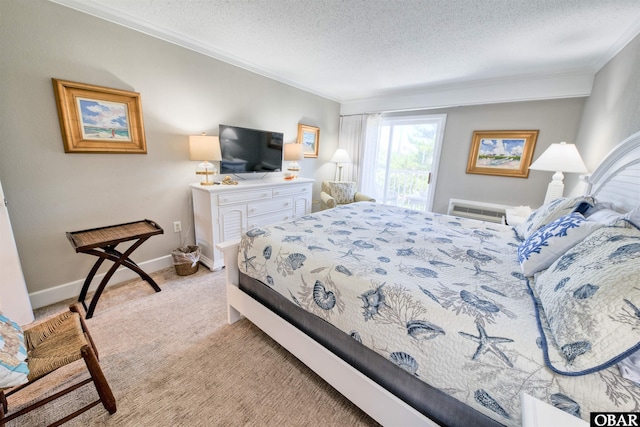 58822 Marina Way Unit 208, Hatteras, NC 27943 - bedroom with ornamental molding, light colored carpet, a textured ceiling, and an AC wall unit