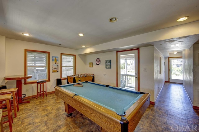 game room with baseboards, pool table, and recessed lighting