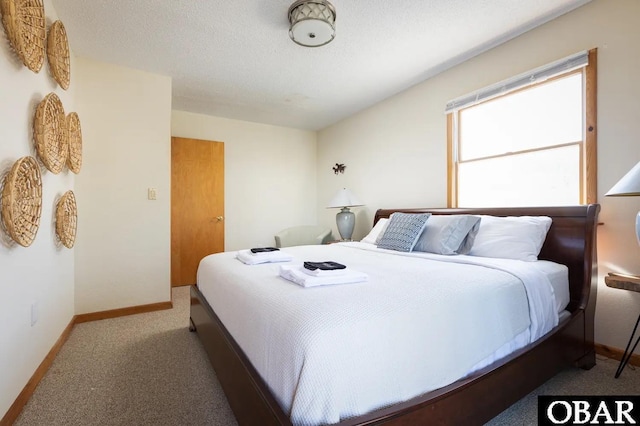 bedroom featuring carpet, a textured ceiling, and baseboards