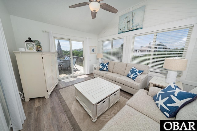 756 Mariner Dr Lot 2, Corolla, NC 27927 - living room featuring wood finished floors, vaulted ceiling, and ceiling fan