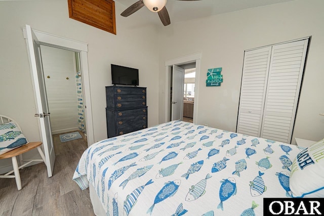 756 Mariner Dr Lot 2, Corolla, NC 27927 - bedroom with wood finished floors, a closet, ceiling fan, and ensuite bathroom
