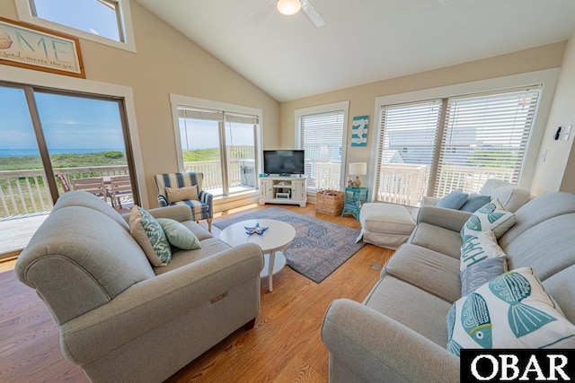 25259 Sea Isle Hills Dr Lot 7, Waves, NC 27982 - living area with ceiling fan, wood finished floors, and high vaulted ceiling
