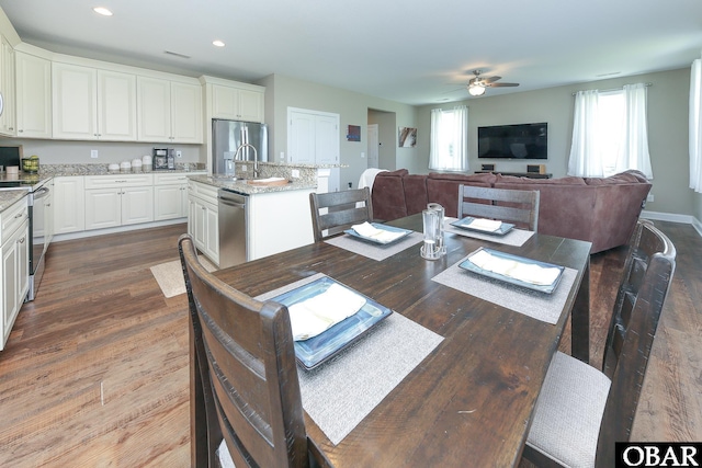 284 Old Swamp Rd, South Mills, NC 27976 - dining area featuring plenty of natural light, ceiling fan, dark wood-type flooring, and recessed lighting