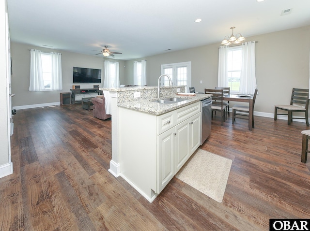 284 Old Swamp Rd, South Mills, NC 27976 - kitchen featuring stainless steel dishwasher, a ceiling fan, healthy amount of natural light, a chandelier, and recessed lighting
