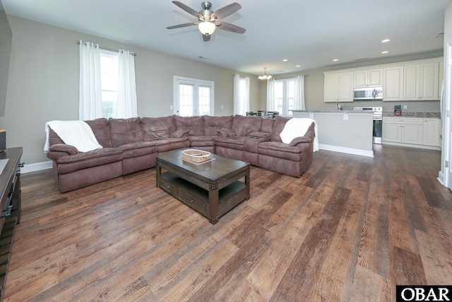 284 Old Swamp Rd, South Mills, NC 27976 - living area featuring dark wood-type flooring, ceiling fan, a chandelier, and recessed lighting