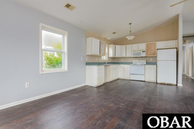 kitchen featuring hanging light fixtures, white appliances, white cabinetry, and dark wood finished floors