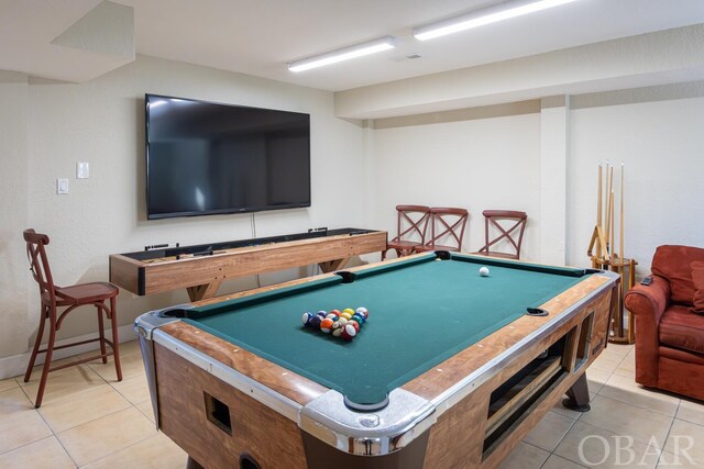 recreation room featuring billiards, visible vents, baseboards, and light tile patterned flooring