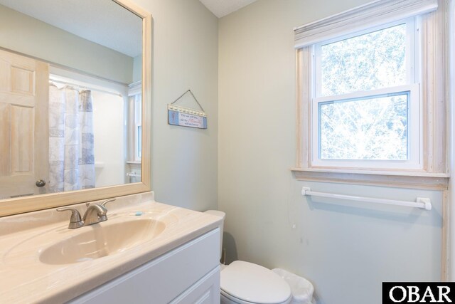 bathroom with toilet, plenty of natural light, and vanity