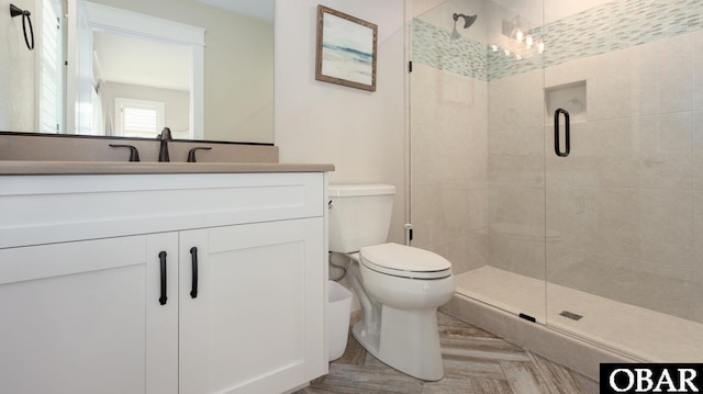 bathroom with toilet, a shower stall, and vanity