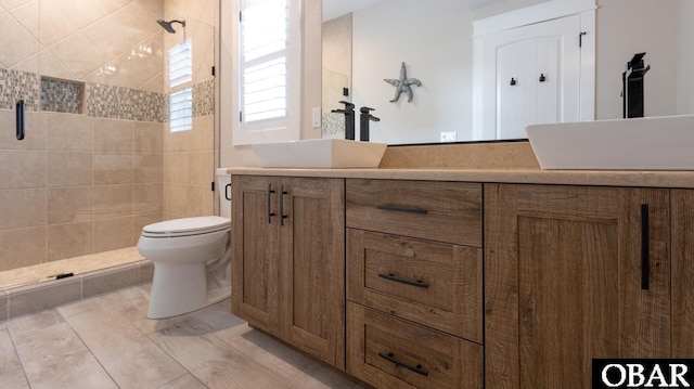 bathroom with toilet, a shower stall, and vanity