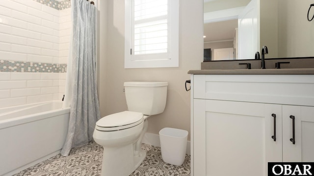 bathroom with baseboards, toilet, tile patterned floors, shower / bath combination with curtain, and vanity