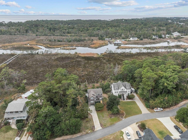 bird's eye view featuring a water view and a forest view