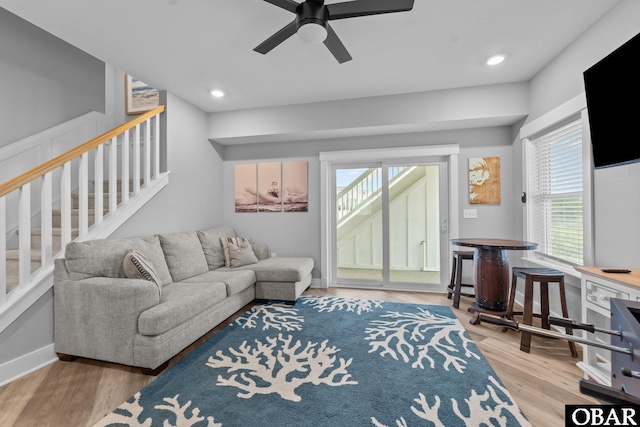 1207 Tail Wind Ct Lot 267, Corolla, NC 27927 - living room featuring stairs, wood finished floors, a ceiling fan, and recessed lighting