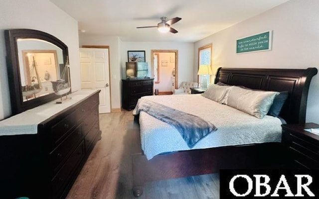 bedroom featuring light wood-style floors and ceiling fan