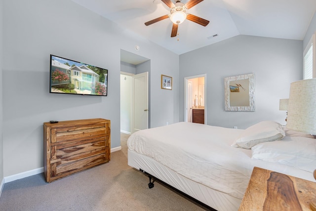 bedroom with visible vents, lofted ceiling, baseboards, and carpet flooring