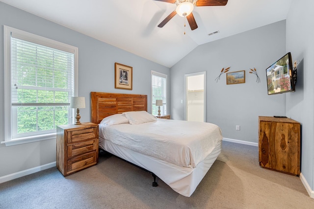 bedroom featuring multiple windows, lofted ceiling, light carpet, and a spacious closet