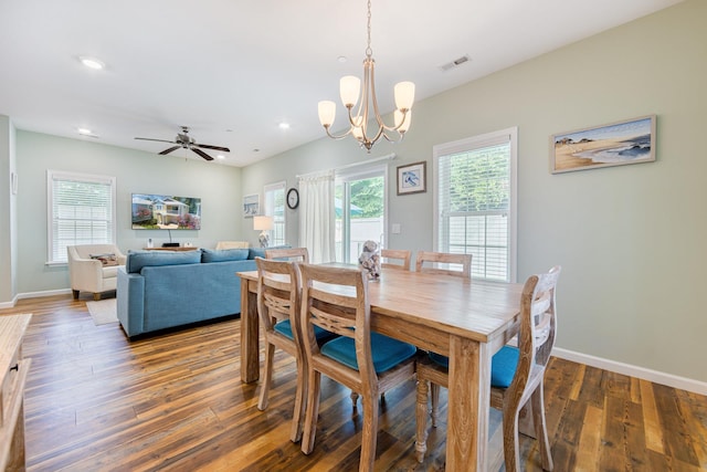 dining area featuring recessed lighting, visible vents, baseboards, and hardwood / wood-style flooring