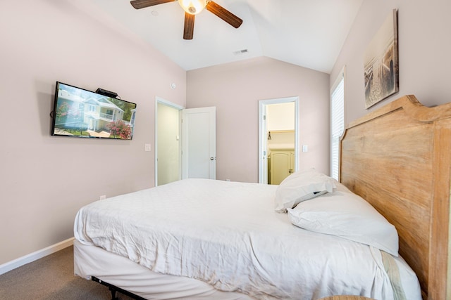 carpeted bedroom featuring visible vents, lofted ceiling, baseboards, and ceiling fan