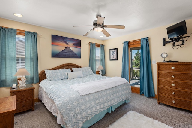 bedroom featuring ceiling fan, carpet floors, recessed lighting, and access to exterior