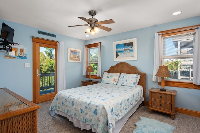 bedroom with access to outside, baseboards, a ceiling fan, and light colored carpet