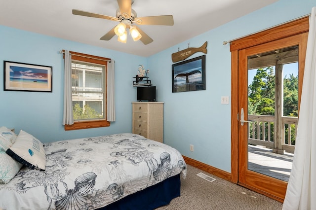 bedroom with ceiling fan, carpet flooring, visible vents, baseboards, and access to exterior