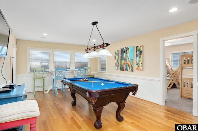 5001 S Virginia Dare Trl Lot 25, Nags Head, NC 27959 - rec room with a wainscoted wall, light wood-style floors, billiards, recessed lighting, and a decorative wall