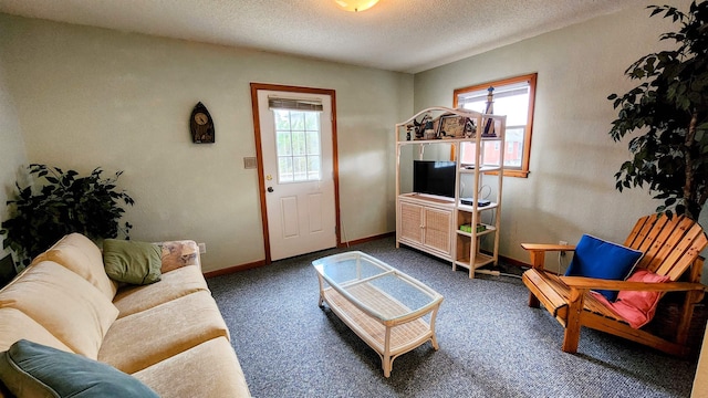 living area with a healthy amount of sunlight, carpet, baseboards, and a textured ceiling