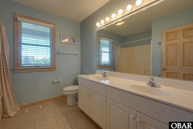 full bath with tile patterned flooring, visible vents, a sink, and double vanity