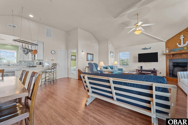 living room featuring light wood finished floors, plenty of natural light, and visible vents