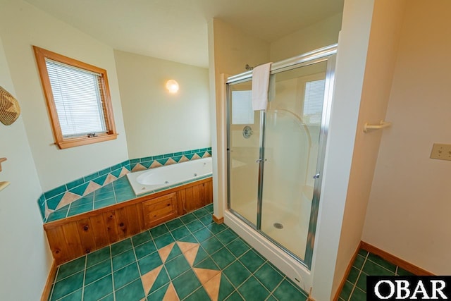 full bath with a bath, tile patterned floors, and a stall shower