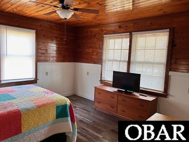 690 Irvin Garrish Hwy Lot # 2A, Ocracoke, NC 27960 - bedroom featuring dark wood-style flooring, wood walls, wooden ceiling, a wainscoted wall, and ceiling fan