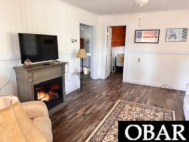 690 Irvin Garrish Hwy Lot # 2A, Ocracoke, NC 27960 - living area featuring wood finished floors, ornamental molding, and a glass covered fireplace