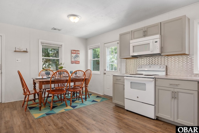 111 Carlow Ave Lot 18, Kill Devil Hills, NC 27948 - kitchen featuring white appliances, gray cabinetry, wood finished floors, and plenty of natural light